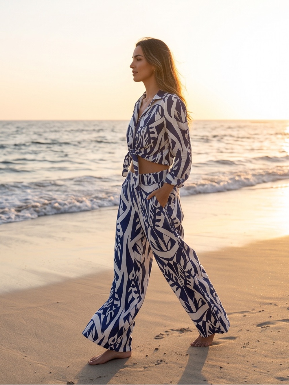 Rachel Zoe Women’s Blue & White Printed Wide-Leg Comfort Linen Jumpsuit - Picture 3 of 6